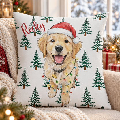 Personalized Christmas Pet Pillow, Custom Dog Cat Photo Watercolor Art, Cute Pet Lover Gift, Xmas Winter Home Decor