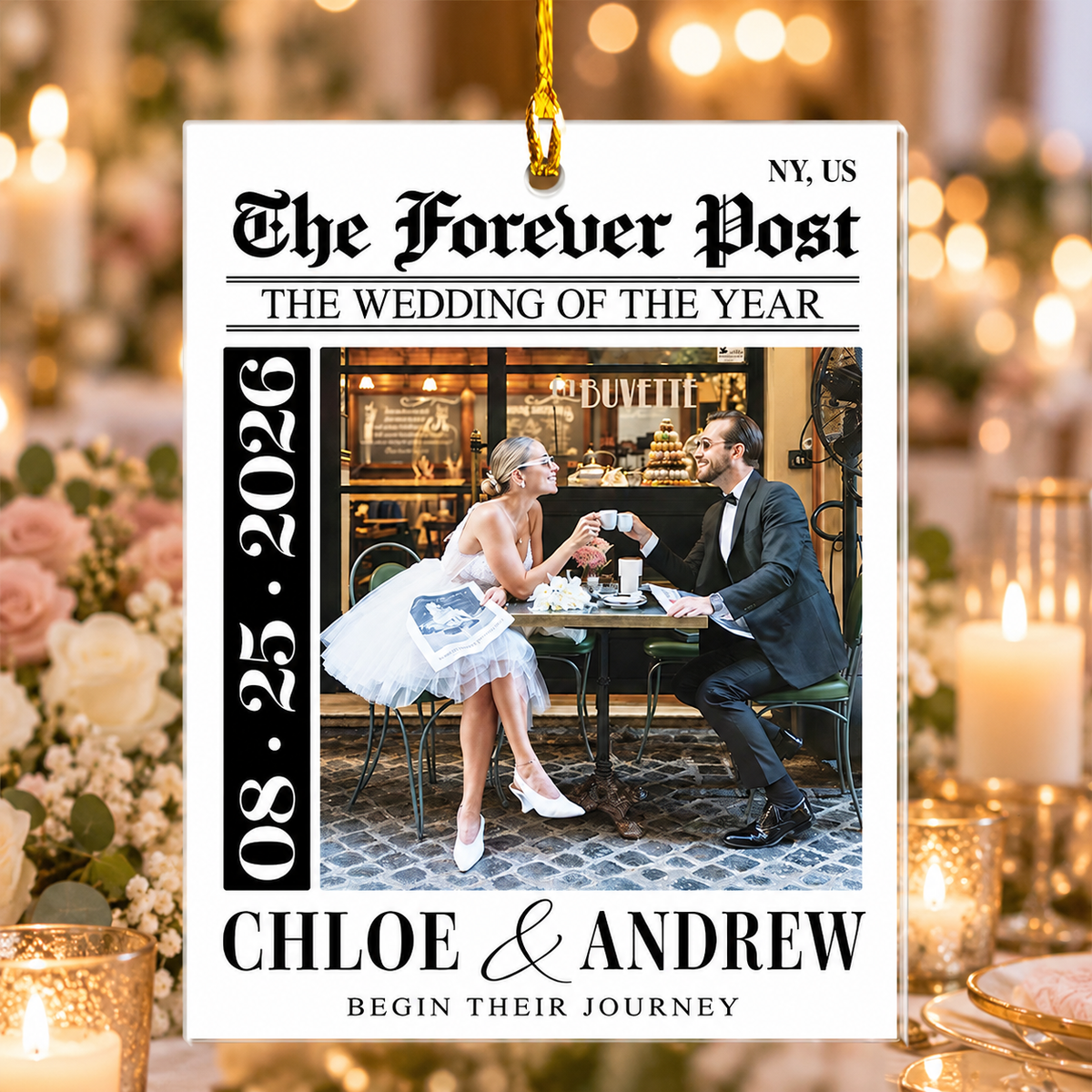Personalized Wedding Newspaper Photo Ornament – Custom First Christmas Married Gift for Couples