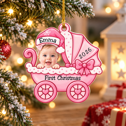 Personalized Baby's First Christmas Ornament, Custom Baby Boy & Girl Photo Ornament, Pink Blue Baby Carriage Christmas Keepsake