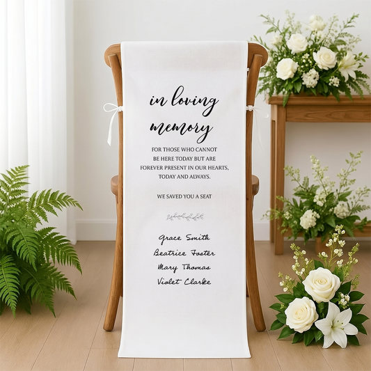 Personalized in loving memory wedding chair banner with custom names and text