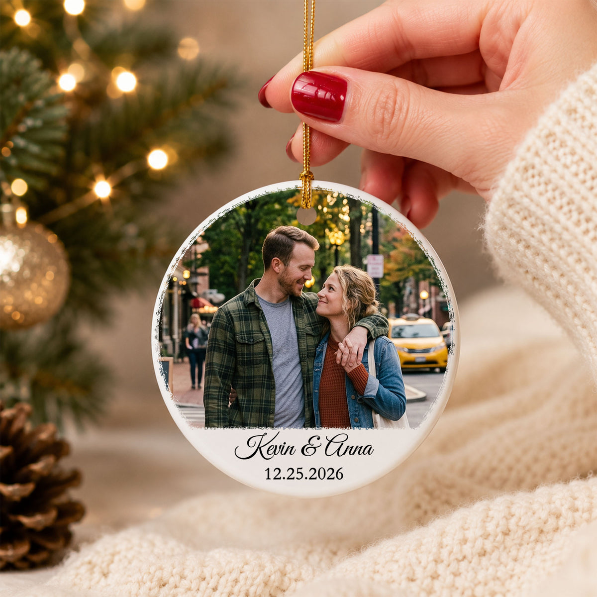 Personalized Couple Photo Ornament, Custom 2-Sided Printed Glass Ornament