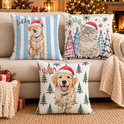 Personalized Christmas Pet Pillow, Custom Dog Cat Photo Watercolor Art, Cute Pet Lover Gift, Xmas Winter Home Decor
