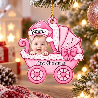 Personalized Baby's First Christmas Ornament, Custom Baby Boy & Girl Photo Ornament, Pink Blue Baby Carriage Christmas Keepsake