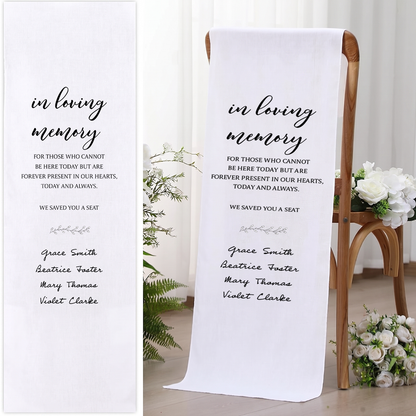 Personalized in loving memory wedding chair banner with custom names and text