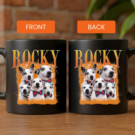 Personalized bootleg vintage 90s style graphic pet photo custom black ceramic coffee mug