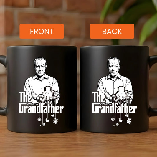 Personalized The Grandfather parody black mug with custom photo converted to black and white