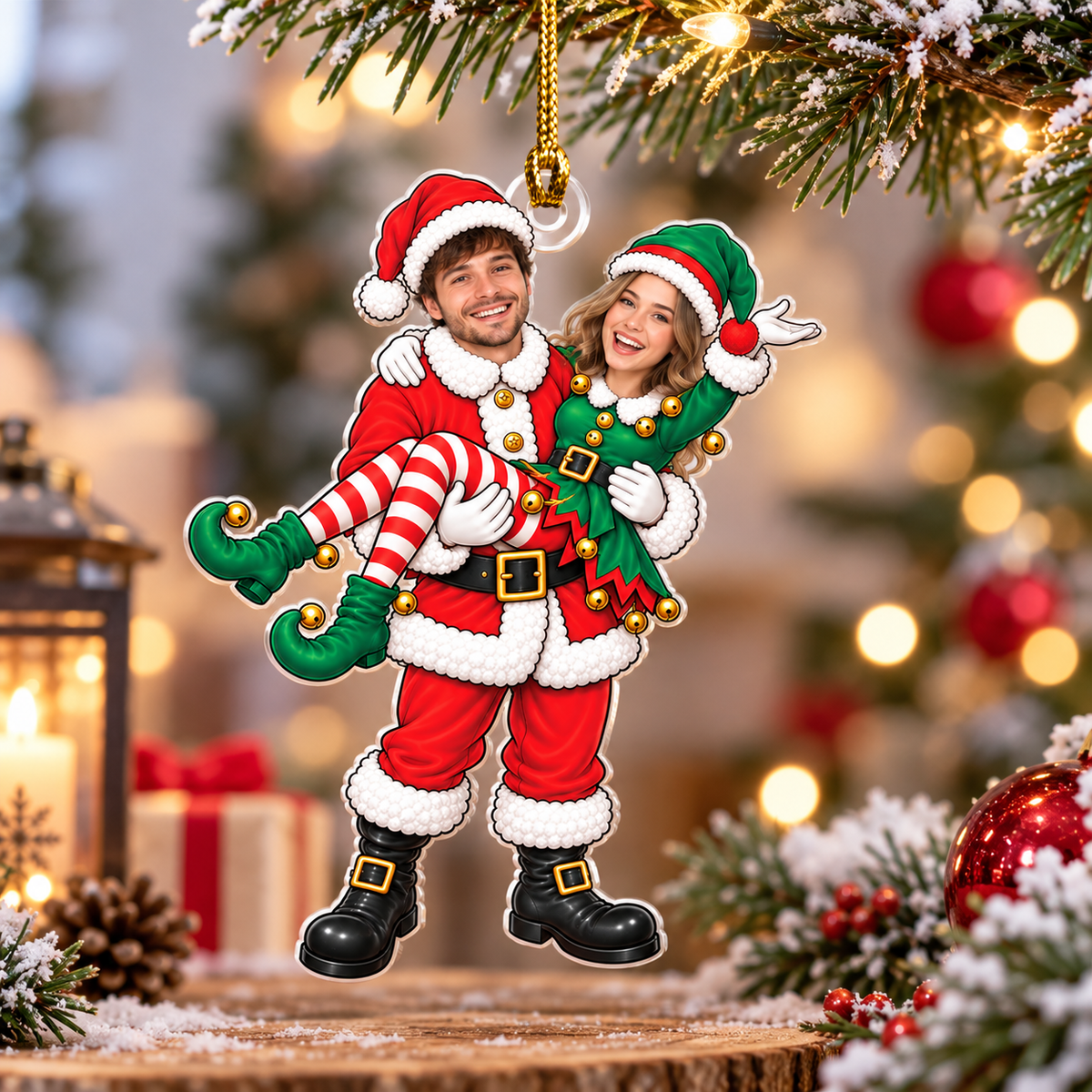 Personalized Funny Santa & Elf Couple Ornament, Custom Face Photo Christmas Acrylic Ornament, Christmas Gift for Couples