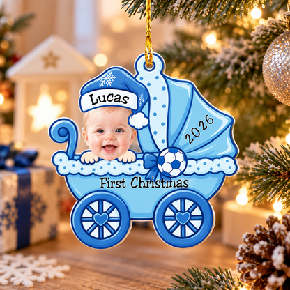 Personalized Baby's First Christmas Ornament, Custom Baby Boy & Girl Photo Ornament, Pink Blue Baby Carriage Christmas Keepsake