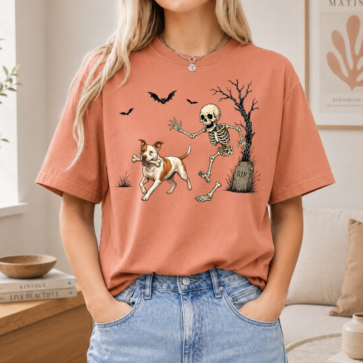 Personalized Halloween Dog Comfort Tee, Custom Any Dog Breed Shirt, Funny Skeleton Dog Tee, Spooky Dog Lover Gift for Men Women, Pet Owner Shirt