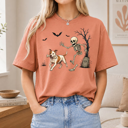 Personalized Halloween Dog Comfort Tee, Custom Any Dog Breed Shirt, Funny Skeleton Dog Tee, Spooky Dog Lover Gift for Men Women, Pet Owner Shirt