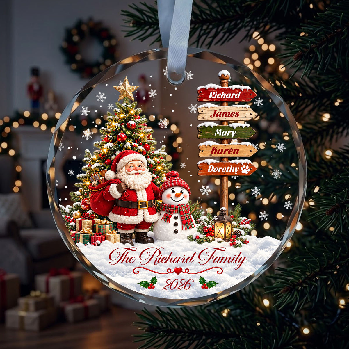 Personalized Family Christmas Ornament 2026 – Custom Names Santa & Snowman Christmas Tree Decoration, Family Keepsake Gift