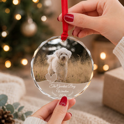 Personalized Dog Photo Crystal Ornament, 2 Sides Printed Custom Pet Glass Christmas Ornament, Dog Name Keepsake, Pet Lover Gift