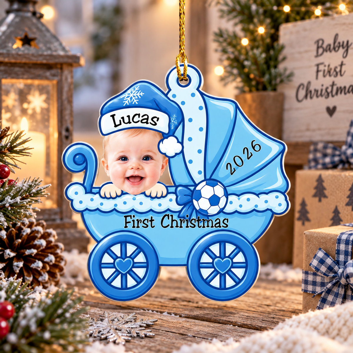 Personalized Baby's First Christmas Ornament, Custom Baby Boy & Girl Photo Ornament, Pink Blue Baby Carriage Christmas Keepsake