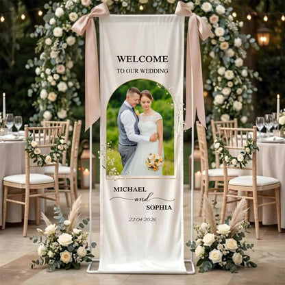 Personalized Linen Wedding Welcome Sign, Custom Photo Banner, Beach Entrance