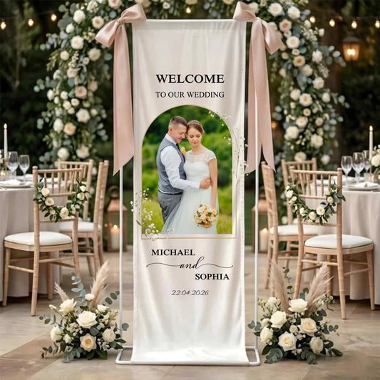 Personalized Linen Wedding Welcome Sign, Custom Photo Banner, Beach Entrance