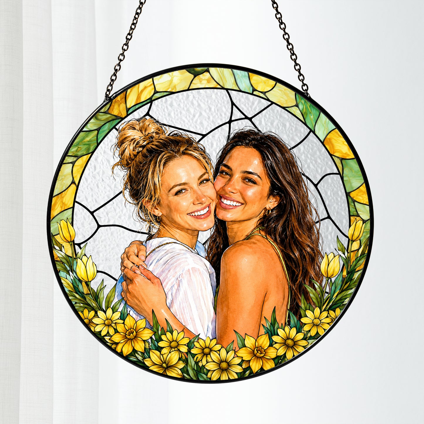 Custom family portrait stained glass suncatcher personalized photo hanging art decor for sunny windows