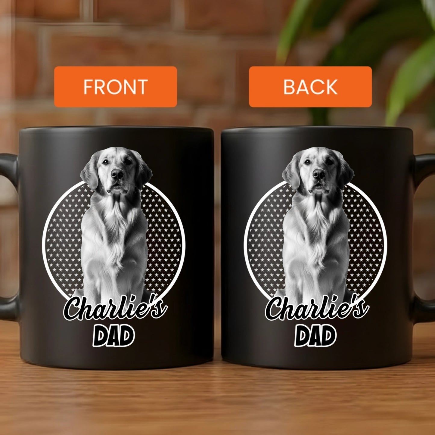 Custom pet dog portrait black mug with personalized name and photo for dog dad