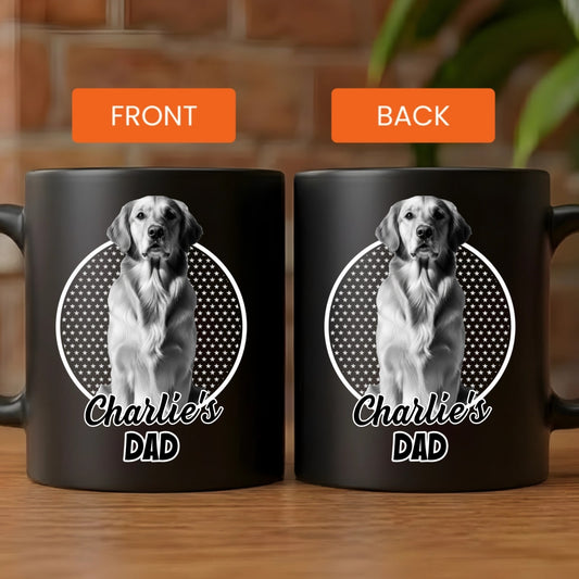 Custom pet dog portrait black mug with personalized name and photo for dog dad