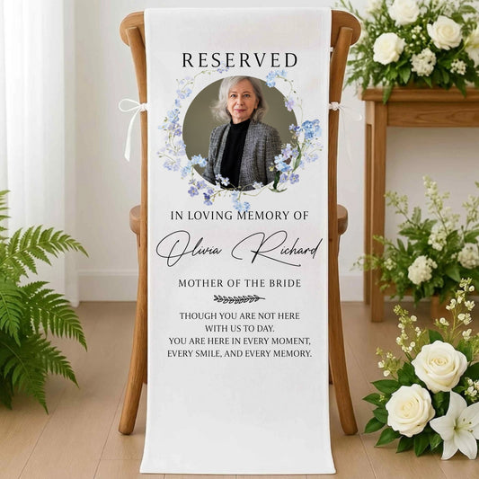 Personalized memorial wedding chair sign with custom photo and text for loved ones