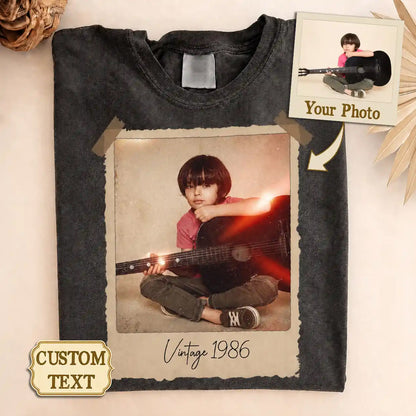 Customized vintage photo memory comfort tee with your personalized text and classic polaroid design