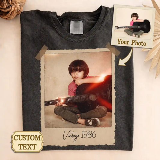 Customized vintage photo memory comfort tee with your personalized text and classic polaroid design