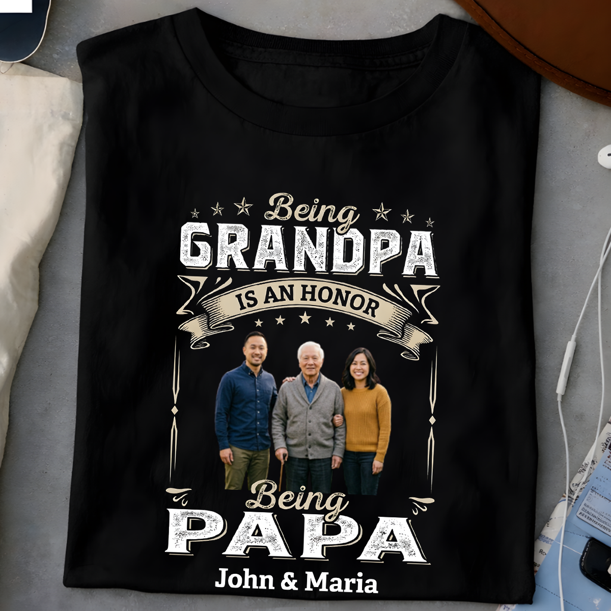 Custom grandpa and papa photo shirt with grandkids names, personalized gift for grandfather.