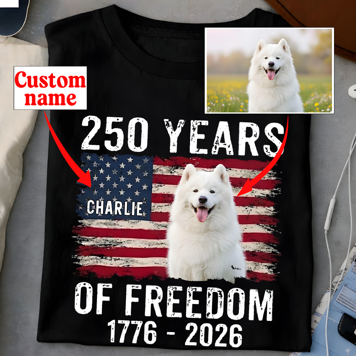 Custom Dog Photo & Name USA 250th Anniversary Shirt 1776-2026 for Pet Lovers