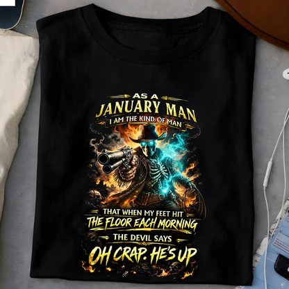 Customize your shirt with a badass skeleton cowboy birth month design.