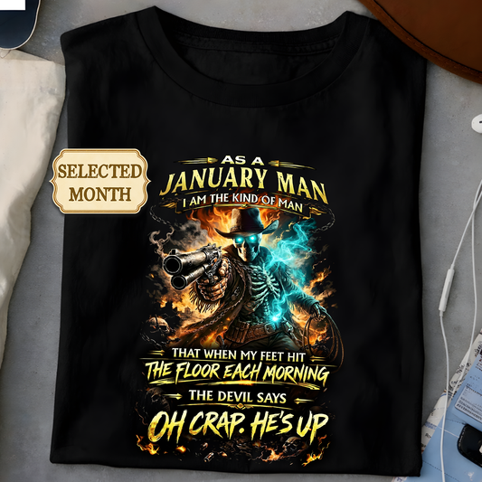Customize your shirt with a badass skeleton cowboy birth month design.