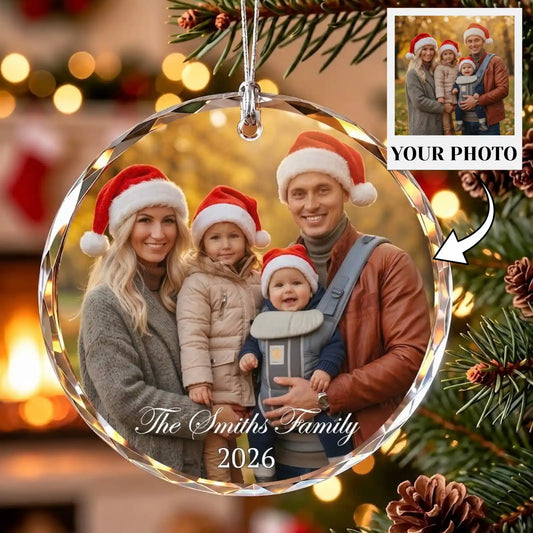 Personalized Family Photo Crystal Ornament, Custom Glass Christmas Ornament, Family Name Ornament, Christmas Keepsake, Family Gift 2026