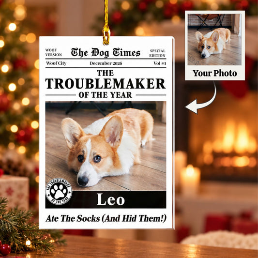 Personalized Pet Newspaper Photo Ornament – Custom Dog & Cat Troublemaker of the Year Christmas Gift