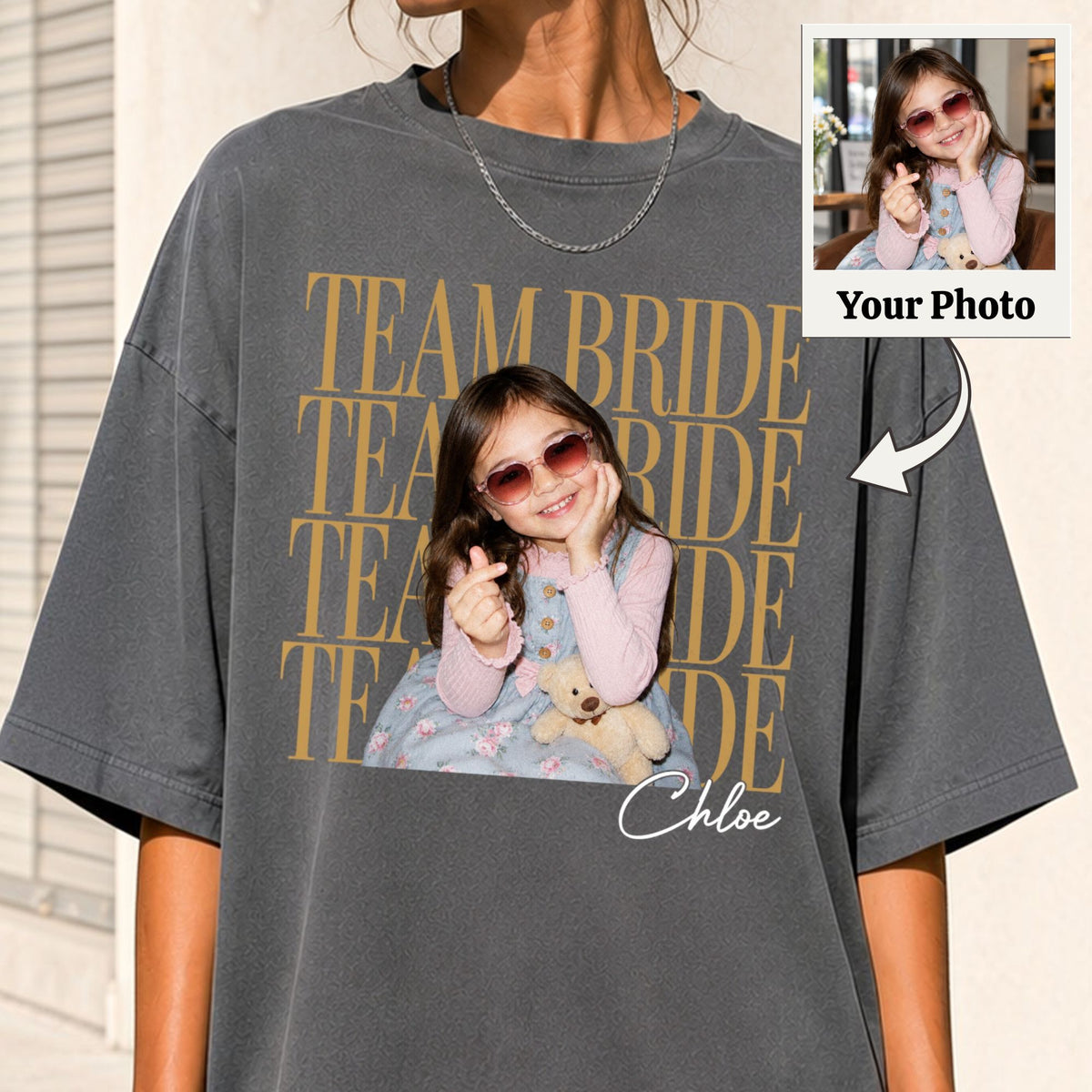 Custom Team Bride Comfort Tee with Personalized Childhood Photo, Bachelorette Party Shirt, Bride Squad Gift, Funny Bridesmaid Keepsake
