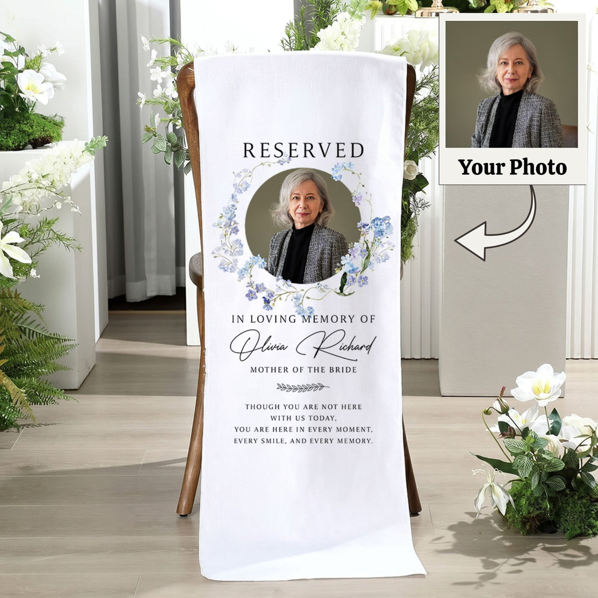Personalized memorial wedding chair sign with custom photo and text for loved ones