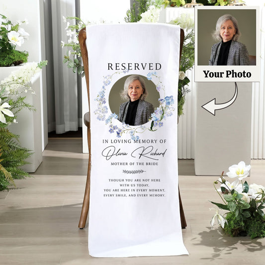 Personalized memorial wedding chair sign with custom photo and text for loved ones