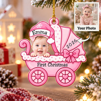 Personalized Baby's First Christmas Ornament, Custom Baby Boy & Girl Photo Ornament, Pink Blue Baby Carriage Christmas Keepsake