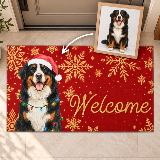 Personalized Christmas Pet Doormat, Custom Dog Cat Photo Watercolor Art, Snowflake Winter Welcome Mat, Holiday Home Decor Gift