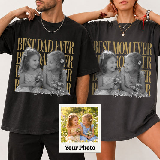 Custom Best Mom & Dad Ever Vintage Photo Shirt – Personalized T-Shirt With Kids Photo & Names, Mother's Day, Father's Day, Christmas Gift for Parents