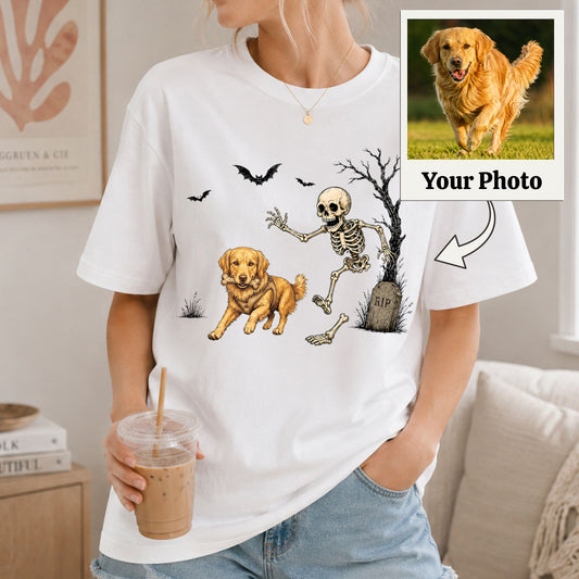 Personalized Halloween Dog Comfort Tee, Custom Any Dog Breed Shirt, Funny Skeleton Dog Tee, Spooky Dog Lover Gift for Men Women, Pet Owner Shirt