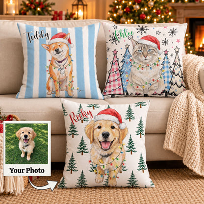 Personalized Christmas Pet Pillow, Custom Dog Cat Photo Watercolor Art, Cute Pet Lover Gift, Xmas Winter Home Decor