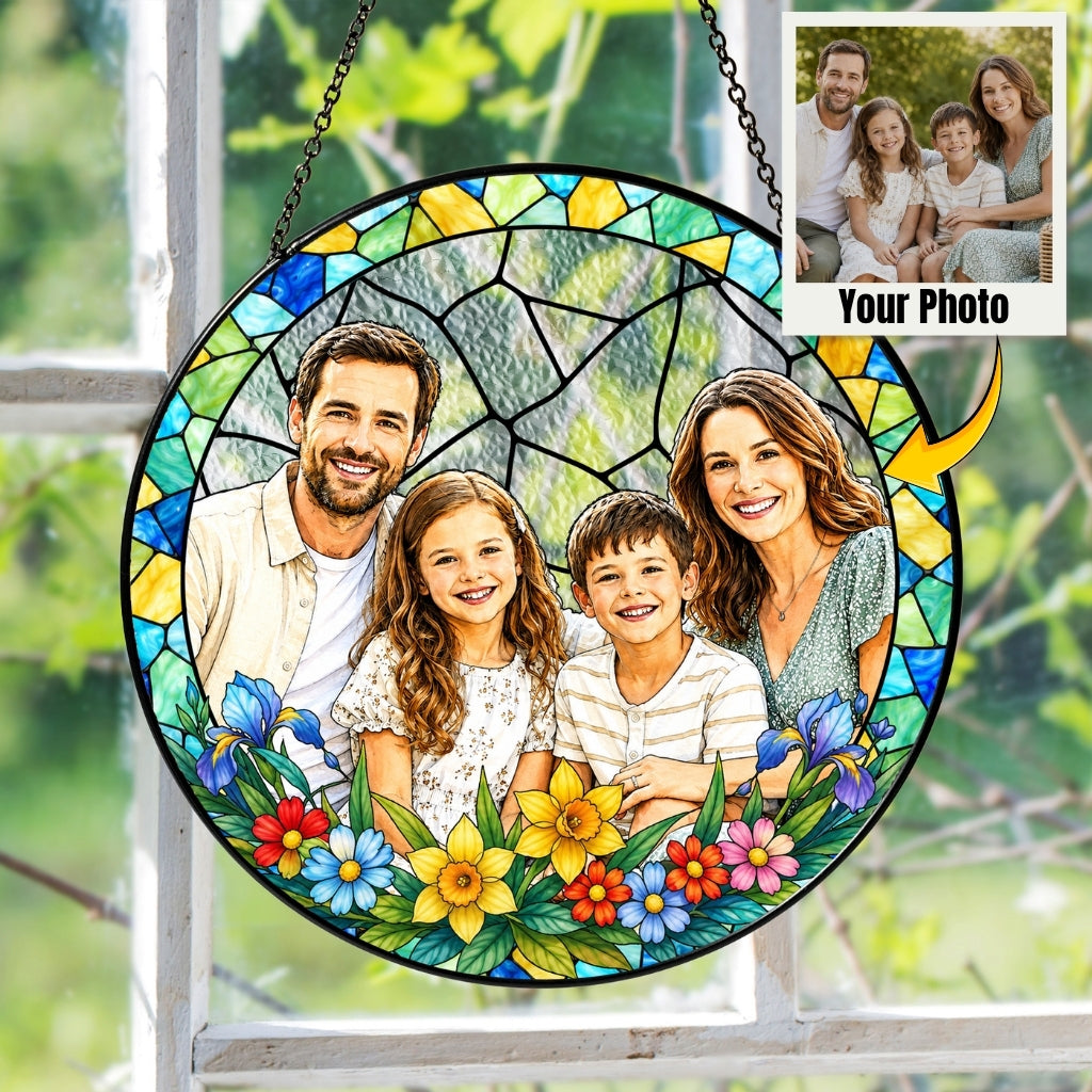Custom family portrait stained glass suncatcher personalized photo hanging art decor for sunny windows