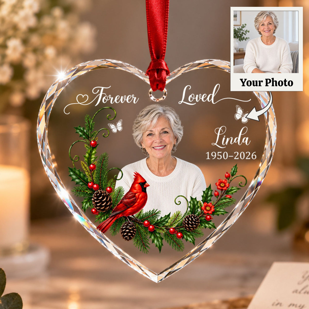 Personalized Memorial Photo Ornament, 2 Sides Printed Forever Loved Heart Ornament, In Loving Memory Christmas Keepsake, Sympathy Gift