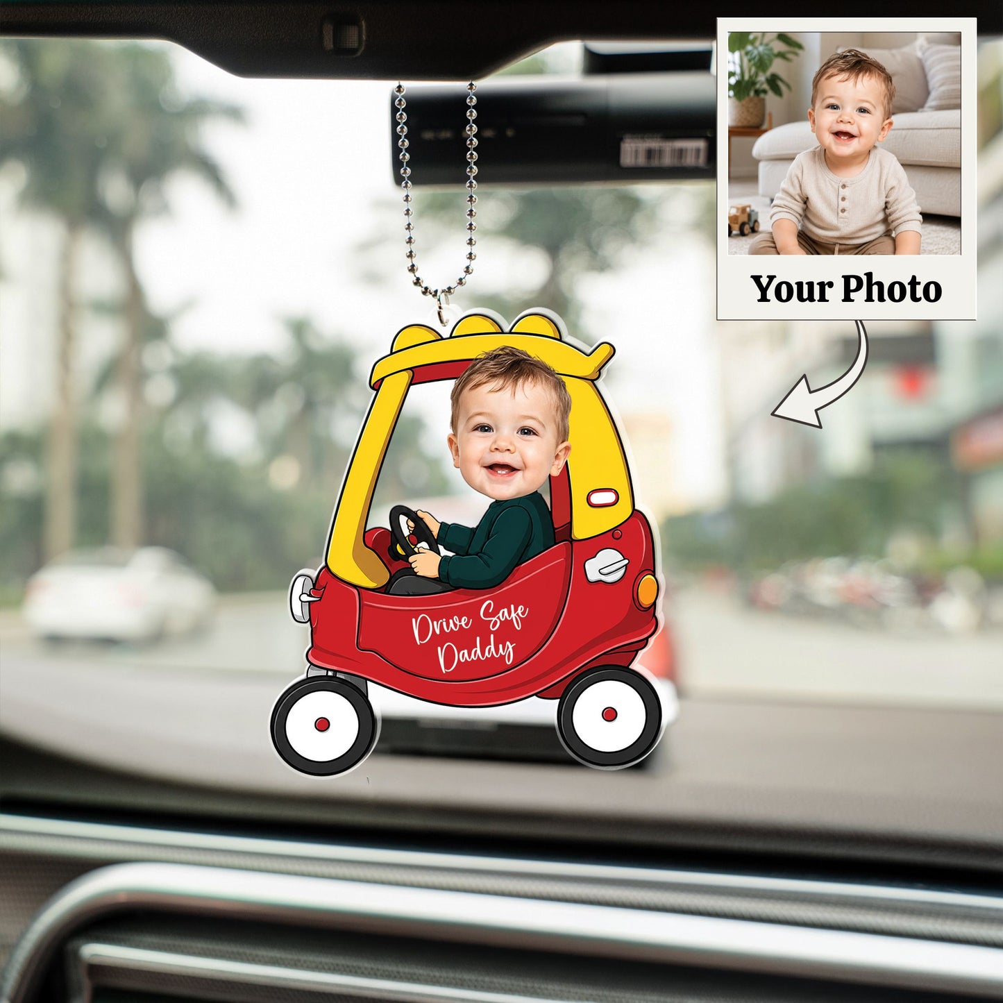 Personalized 1-4 Kids Photo Car Hanger, Drive Safe Daddy Car Ornament, Custom Baby Photo Acrylic Charm, Daddy Gift, Gift for Husband