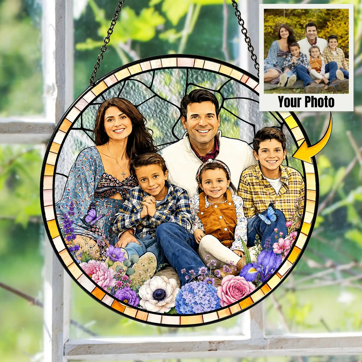 Stained Glass Custom Grandma Portrait Suncatcher, Personalized Window Hanging from Photo, Mother's Day Gift for Mom, Family Memory Art