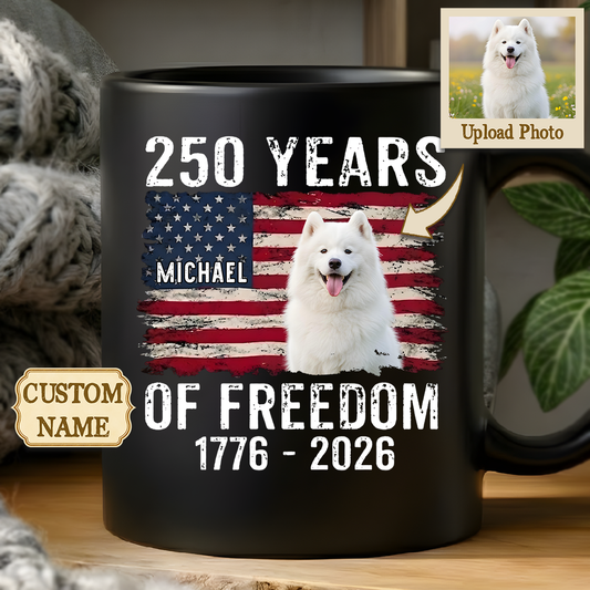 Personalized 250 years of freedom american flag pet photo mug double sided black cup