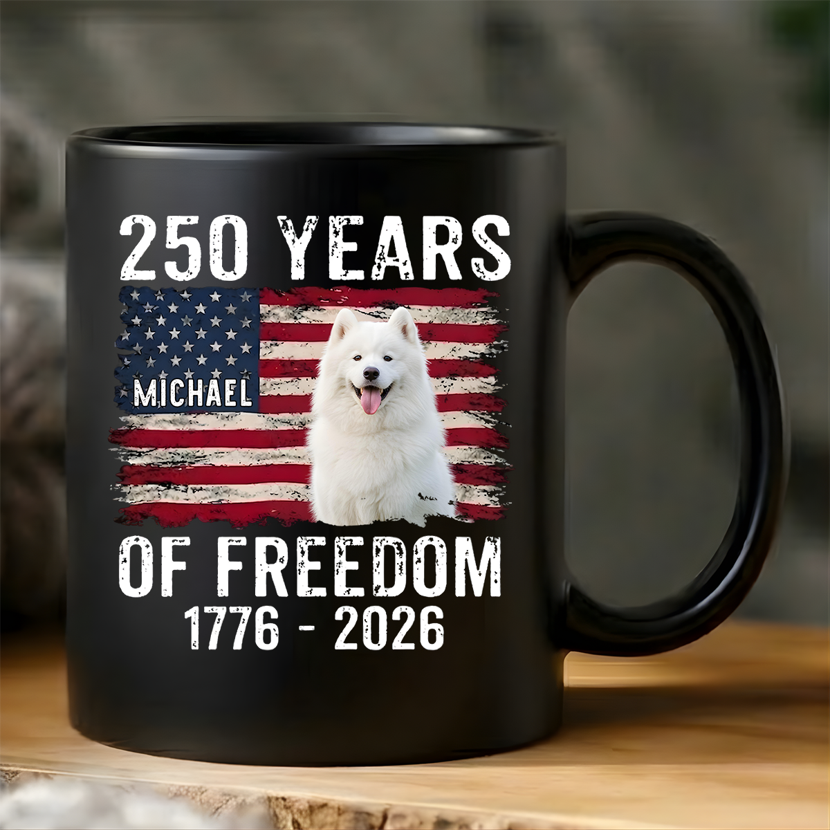Personalized 250 years of freedom american flag pet photo mug double sided black cup