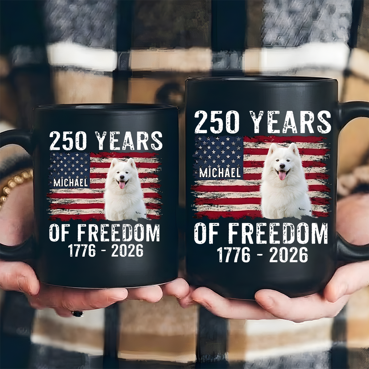 Personalized 250 years of freedom american flag pet photo mug double sided black cup