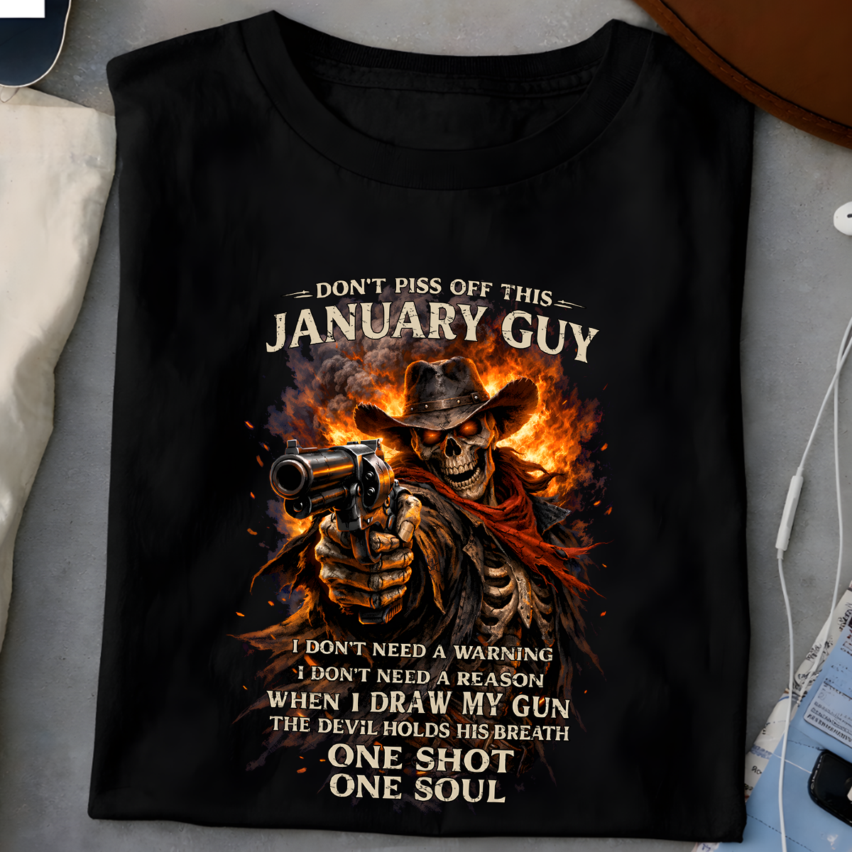 Personalized Birthday Month Shirt For Men With Badass Flaming Skull Cowboy Gunslinger Graphic