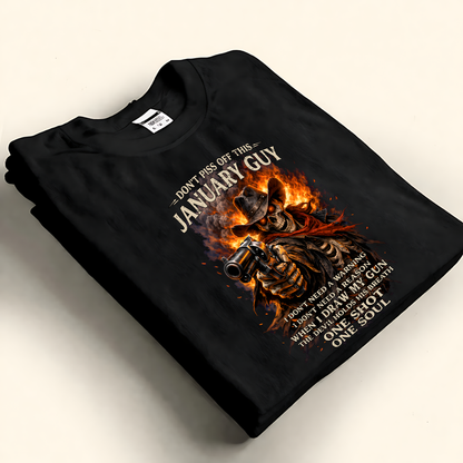Personalized Birthday Month Shirt For Men With Badass Flaming Skull Cowboy Gunslinger Graphic