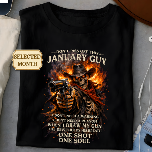 Personalized Birthday Month Shirt For Men With Badass Flaming Skull Cowboy Gunslinger Graphic