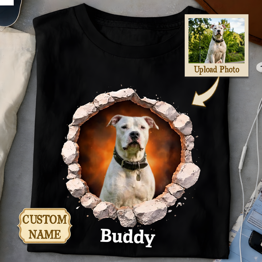Personalized Custom Dog Photo & Name Breaking Through Wall Graphic Shirt For Pet Lovers